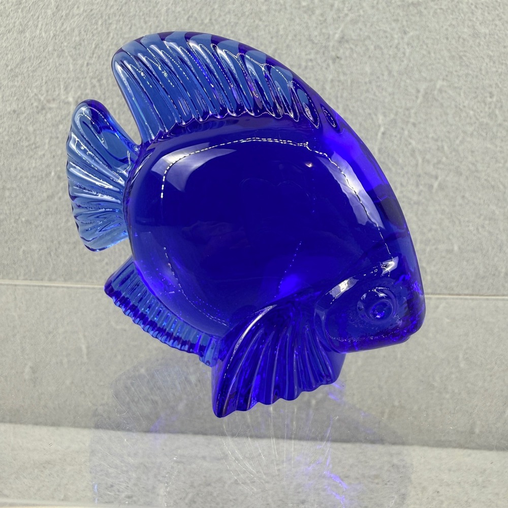 Daum France Cobalt Blue Art Glass Fish Figurine Sculpture‎ Signed Made in France